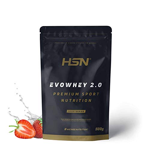 Concentrado de Proteína de Suero Evowhey Protein 2.0 de HSN | Whey Protein Concentrate| Batido de Proteínas en Polvo | Vegetariano, Sin Gluten, Sin Soja, Sabor Fresa, 500g