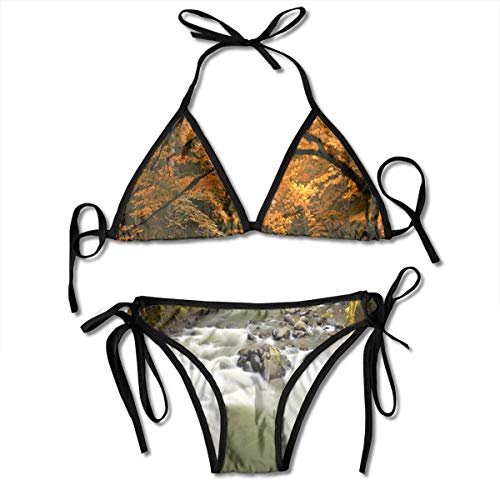 Conjunto de bikini de dos piezas de mujer River con rocas en otoño Forest Lush para mujer Strappy Top Padded Swimsuit de dos piezas