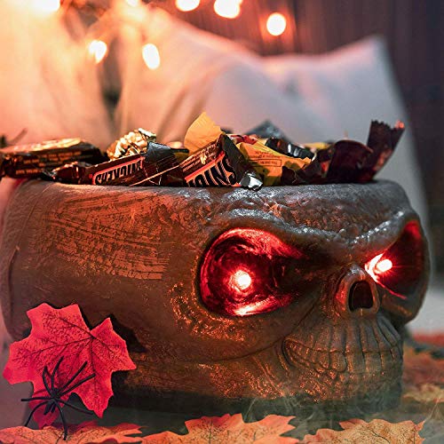 CONRAL Platos de tazón de Calavera de Caramelo de Halloween, Cuenco de Caramelo de Calavera de plástico Grande con Sensor de Movimiento Mano de Esqueleto móvil Espeluznante, con Ojos de luz LED