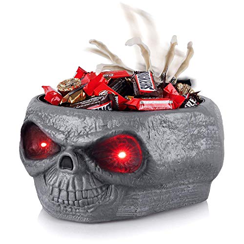 CONRAL Platos de tazón de Calavera de Caramelo de Halloween, Cuenco de Caramelo de Calavera de plástico Grande con Sensor de Movimiento Mano de Esqueleto móvil Espeluznante, con Ojos de luz LED