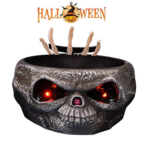 CONRAL Platos de tazón de Calavera de Caramelo de Halloween, Cuenco de Caramelo de Calavera de plástico Grande con Sensor de Movimiento Mano de Esqueleto móvil Espeluznante, con Ojos de luz LED