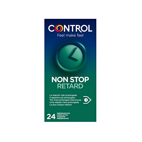 Control Non Stop Retard Preservativos- Caja de condones retardantes para una relación más prolongada, lubricados, ajuste perfecto, sexo seguro, 24 unidades (pack ahorro)