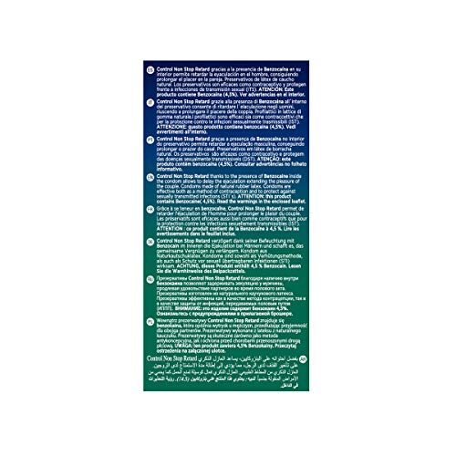 Control Non Stop Retard Preservativos- Caja de condones retardantes para una relación más prolongada, lubricados, ajuste perfecto, sexo seguro, 24 unidades (pack ahorro)