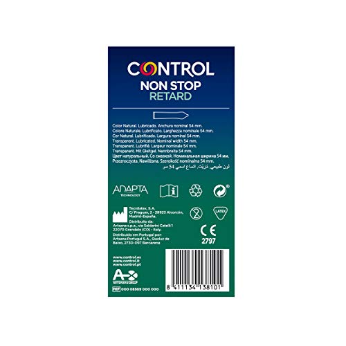 Control Non Stop Retard Preservativos- Caja de condones retardantes para una relación más prolongada, lubricados, ajuste perfecto, sexo seguro, 24 unidades (pack ahorro)