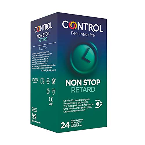 Control Non Stop Retard Preservativos- Caja de condones retardantes para una relación más prolongada, lubricados, ajuste perfecto, sexo seguro, 24 unidades (pack ahorro)
