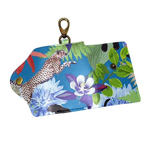 COOSUN - Funda para llaves de piel con diseño de leopardos salvajes y flores exóticas, con 6 ganchos y 2 ranuras para hombres y mujeres
