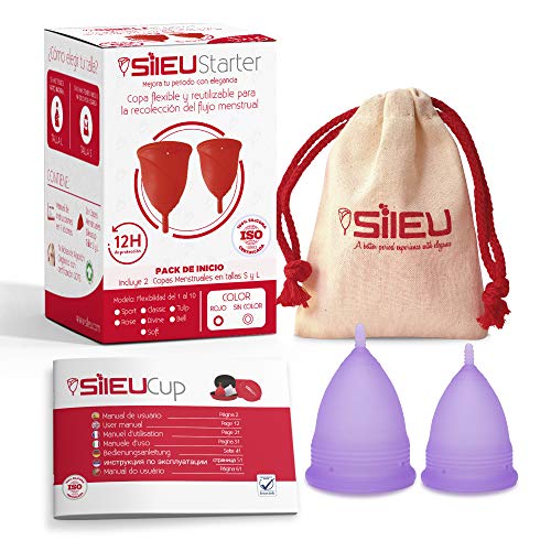 Copa Menstrual Sileu Cup Soft - Ayuda prevenir infecciones urinarias, cistitis, vejigas sensibles, calambres, cólicos menstruales - Disminuye dolor causado por menstruación - Talla S + L, Morado