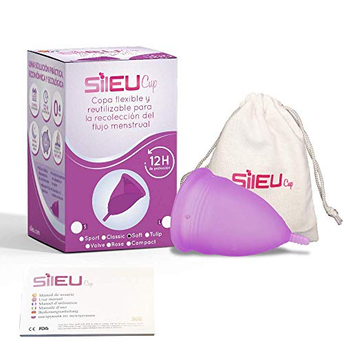 Copa Menstrual Sileu Cup Soft - Mujeres con Vejigas sensibles, calambres, cólicos menstruales - Ayuda a prevenir cistitis - La más vendida en farmacias - Talla S Morado + Esterilizador Plegable Rosa