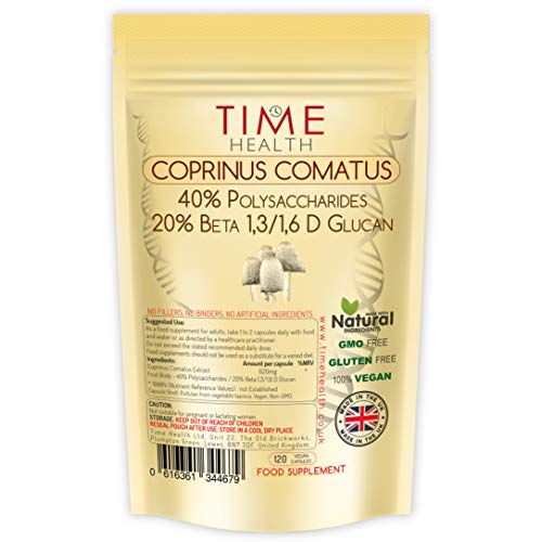 Coprinus Comatus Extract - 120 Capsules - 40% Polysaccharides / 20% Beta Glucans - Fruit Body - UK Made - Zero Additives - Vegan - Pullulan (120 cápsulas por bolsa)