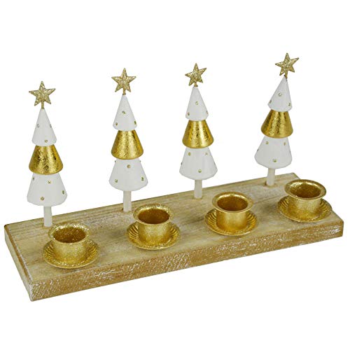 Coquett decor Centro de Mesa Porta 4 Velas con árboles de Navidad Color Oro y Blanco en Metal y Base de Madera, Medidas 24x8x13 cm, Decoración de Navidad