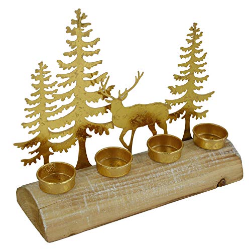 Coquett decor Centro de Mesa Porta 4 Velas t-Light con árboles de Navidad y Reno Color Oro en Metal y Base de Madera, Medidas 24,5x9,5x27,5 cm, Decoración de Navidad
