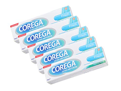 Corega - Crema fresca adherente Ultra, agarre 3D, sujeción durante todo el día, mayor comodidad, 5 unidades de 40 g cada una