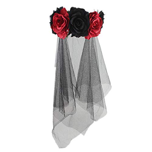 Corona de Halloween para mujer hecha a mano con flores de rosas de tela con velo negro de malla de tul, ideal para el día de los muertos rosso