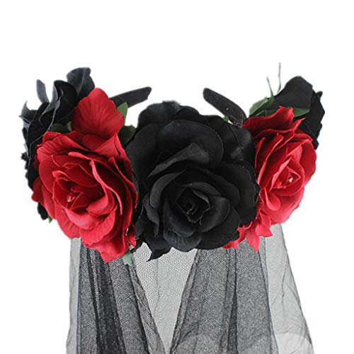 Corona de Halloween para mujer hecha a mano con flores de rosas de tela con velo negro de malla de tul, ideal para el día de los muertos rosso