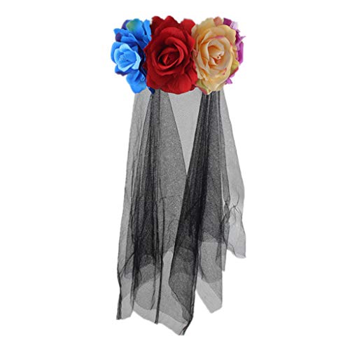 Corona de Halloween para mujer hecha a mano con flores de rosas de tela con velo negro de malla de tul, ideal para el día de los muertos rosso
