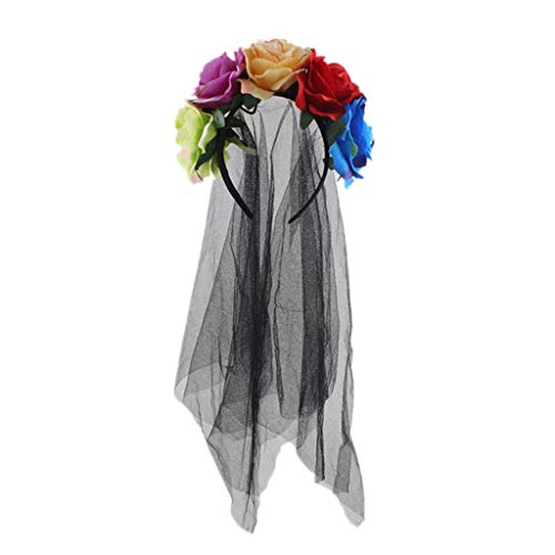 Corona de Halloween para mujer hecha a mano con flores de rosas de tela con velo negro de malla de tul, ideal para el día de los muertos rosso