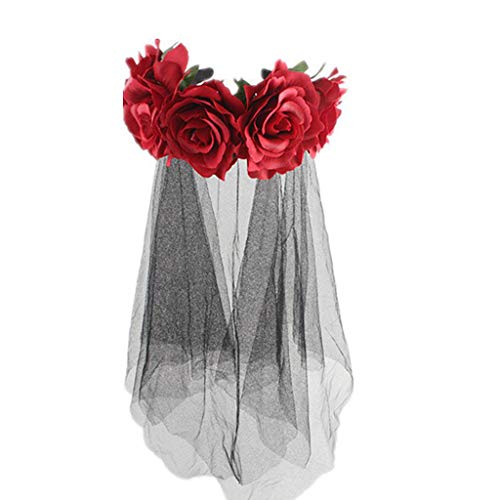 Corona de Halloween para mujer hecha a mano con flores de rosas de tela con velo negro de malla de tul, ideal para el día de los muertos rosso