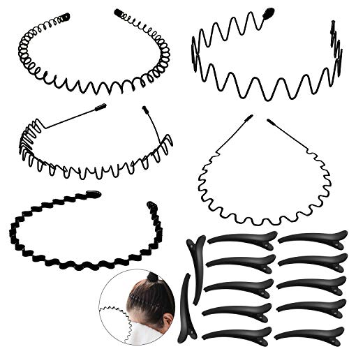 Corrines 5 diademas unisex de metal para el cabello, para deportes, cuidado del cabello, belleza, antideslizante, elástico, ondulado ancho, con 12 clips para el pelo.