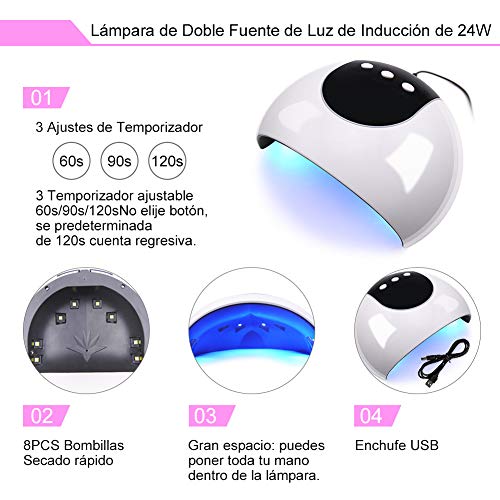 Coscelia 20pcs Gel de Uñas Semipermanente con Gel de Esmalte de Uñas 24W UV/LED Secador de Unas Base Coat Top Coat Manicura Pedicura Kit