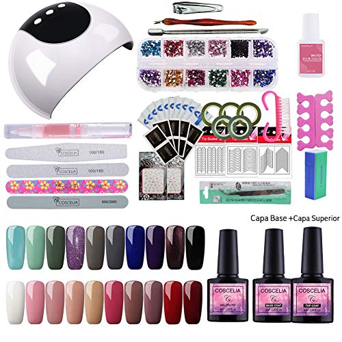 Coscelia 20pcs Gel de Uñas Semipermanente con Gel de Esmalte de Uñas 24W UV/LED Secador de Unas Base Coat Top Coat Manicura Pedicura Kit