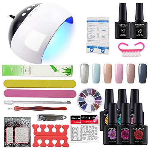 Coscelia - Kit de Nail Art, esmaltes semipermanentes, gel de uñas, esmaltes de acabado y lámpara secadora LED UV de 24 W