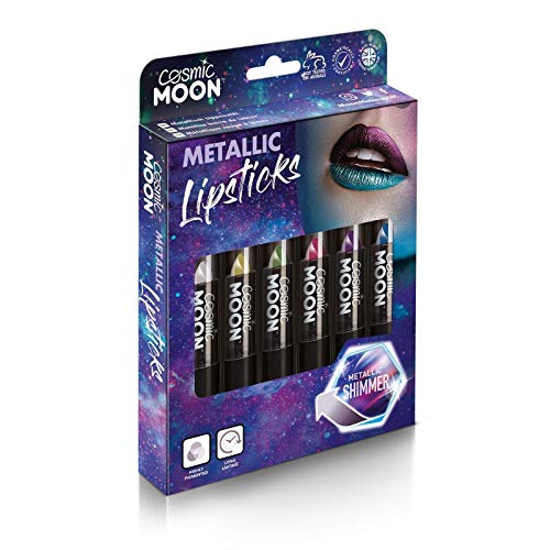 Cosmic Moon - Lápiz Labial Metálico - 5g - ¡Para unos labios metálicos fascinantes! - Equipo de Caja - Incluye: Rosa, Dorado, Azul, Verde, Plata, Púrpura