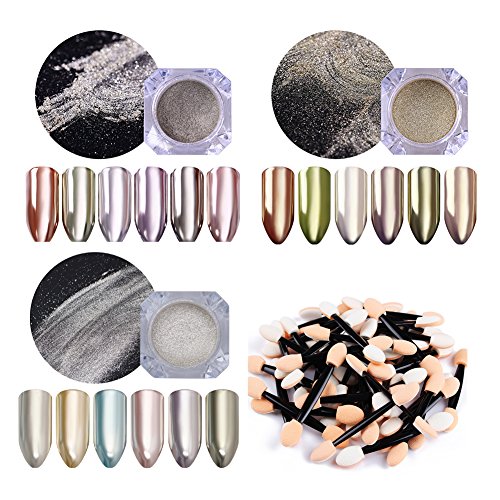 CoulorButtons 3 Cajas Espejo uñas Polvo champán Plata Oro Shimmer, Polvo de Purpurina para manicura Nail Art Polvo de pigmentos Cromado con 50 Sombras DE Ojos DE Incienso
