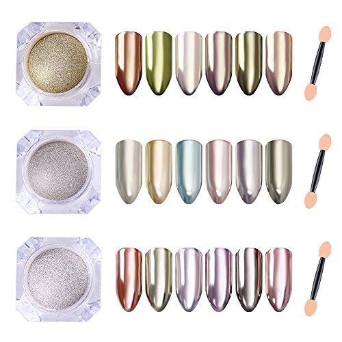CoulorButtons 3 Cajas Espejo uñas Polvo champán Plata Oro Shimmer, Polvo de Purpurina para manicura Nail Art Polvo de pigmentos Cromado con 50 Sombras DE Ojos DE Incienso