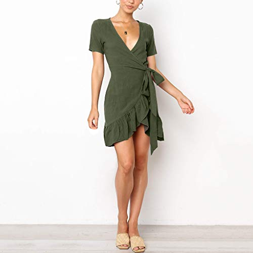 COZOCO Mini Vestido de Las Mujeres Ruffle Sexy Vestido de Noche Casual Color Sólido Verano con Cuello en V Sexy Mini Corbata con Volantes Corta（Ejercito Verde，S）