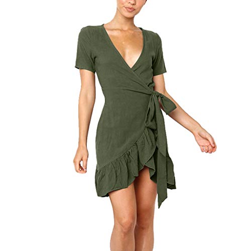 COZOCO Mini Vestido de Las Mujeres Ruffle Sexy Vestido de Noche Casual Color Sólido Verano con Cuello en V Sexy Mini Corbata con Volantes Corta（Ejercito Verde，S）