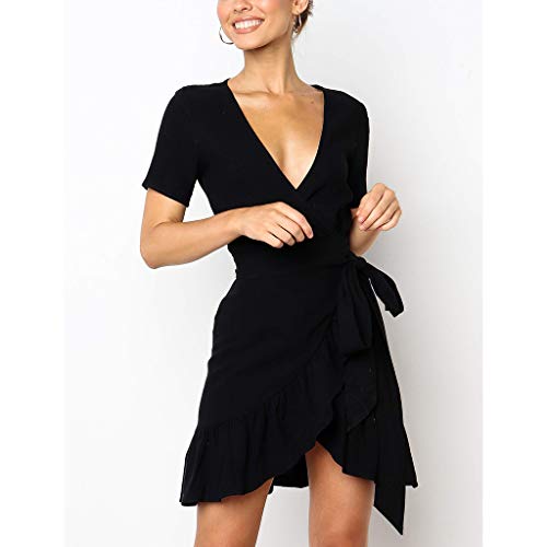COZOCO Mini Vestido de Las Mujeres Ruffle Sexy Vestido de Noche Casual Color Sólido Verano con Cuello en V Sexy Mini Corbata con Volantes Corta（Negro，2XL）