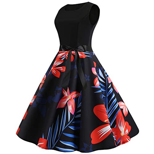 COZOCO Vestido de Las Señoras Vestido de Cintura sin Mangas con Cuello Redondo y Estampado de Flores Retro Francés de Las Mujeres(Rojo，S
