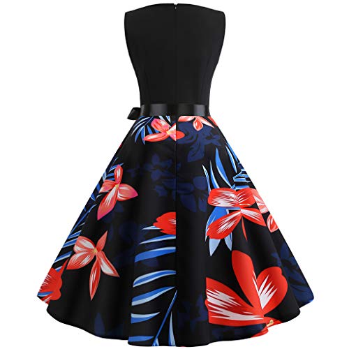COZOCO Vestido de Las Señoras Vestido de Cintura sin Mangas con Cuello Redondo y Estampado de Flores Retro Francés de Las Mujeres(Rojo，S