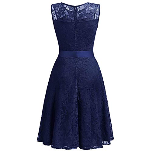 COZOCO Vestido de Las Señoras Vestido de Encaje Regular de Las Señoras Color Sólido Vestido Retro(Azul，S