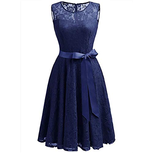 COZOCO Vestido de Las Señoras Vestido de Encaje Regular de Las Señoras Color Sólido Vestido Retro(Azul，S