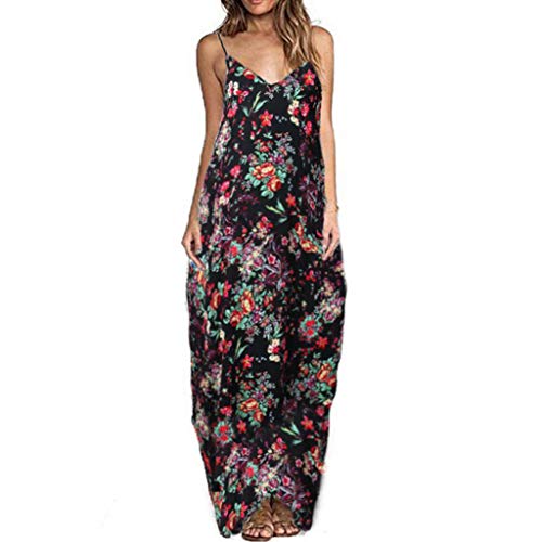 COZOCO Vestido de Verano de Playa Elegante Beachwear Largo Dress con Cinturón Sexy V-Cuello Manga Corta Hendidura Vestido de Partido Mujer Impresión Maxi Vestidos (EU-34/CN-S, Black)