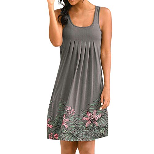 COZOCO Vestido de Verano para Mujer sin Mangas Vestido Informal de Manga Larga Estampado Floral Vestido Bohemio de Playa Elegante（Gris，S）