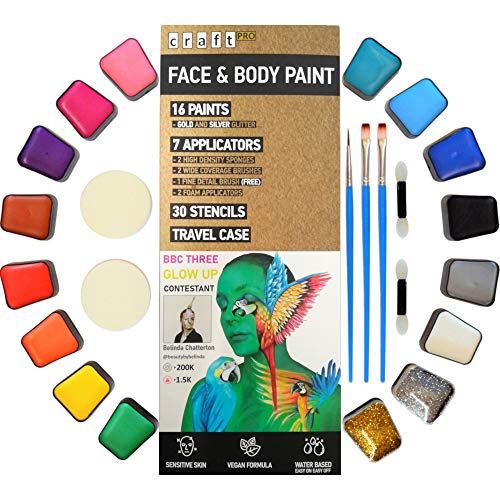 Craft Pro Face & Body Paint Pintura Artística Profesional para La Cara - 54 Piezas. Aprobada para Piel Sensible. Vegano + Cruelty Free. Fácil De Aplicar. Fácil De Quitar