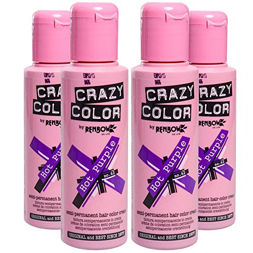 Crazy Colour Semi Permanent Hair Dye By Renbow Hot Purple No.62 (100ml) Box of 4