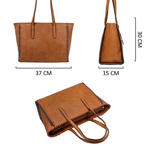 CRAZYCHIC - Bolso de Mano Cadena Mujer - Tote Shopper Cuero PU - Bolsos de Gran Capacidad - Bolso de Hombro Asa Larga - Bolsos Maletín Trabajo Escuela Oficina - Marrón Camel