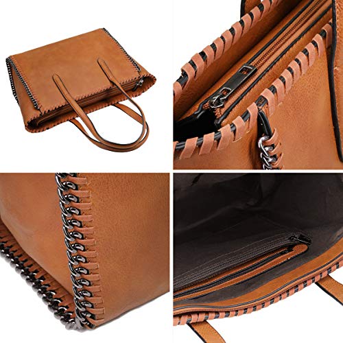 CRAZYCHIC - Bolso de Mano Cadena Mujer - Tote Shopper Cuero PU - Bolsos de Gran Capacidad - Bolso de Hombro Asa Larga - Bolsos Maletín Trabajo Escuela Oficina - Marrón Camel