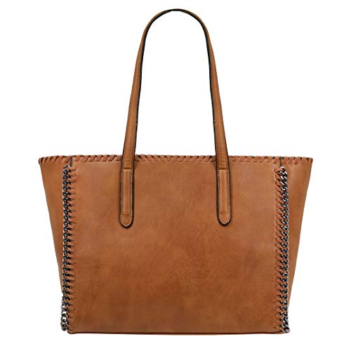 CRAZYCHIC - Bolso de Mano Cadena Mujer - Tote Shopper Cuero PU - Bolsos de Gran Capacidad - Bolso de Hombro Asa Larga - Bolsos Maletín Trabajo Escuela Oficina - Marrón Camel