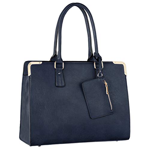 CRAZYCHIC - Bolso de Mano Grande Mujer - Tote Shopper Piel Cuero PU - Maletín Trabajo Negocios Señora Gran Capacidad - Large Portadocumentos Ordenador Hombro Bandolera Elegante - Azul
