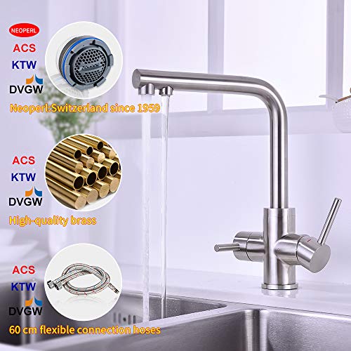 CREA Grifo Osmosis, Grifo de Cocina 3 Vías Ósmosis 360° Giratorio GrifoI， para Fregadero doble palanca Grifería de Cocina Acero iInoxidable