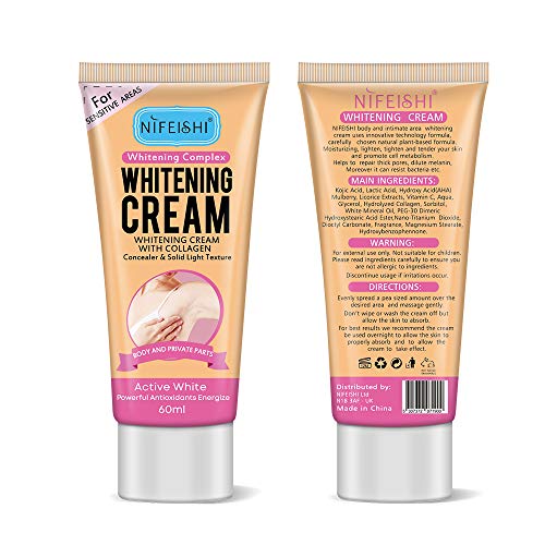 Crema Blanqueadora, Whitening Cream, Crema Blanqueadora Cuerpo para Piel Oscura, Cuello, Zonas sensibles, Codos, Muslos Interiores, Rodillas y Axilas, Crema para el Cuidado de la Piel, 60ML