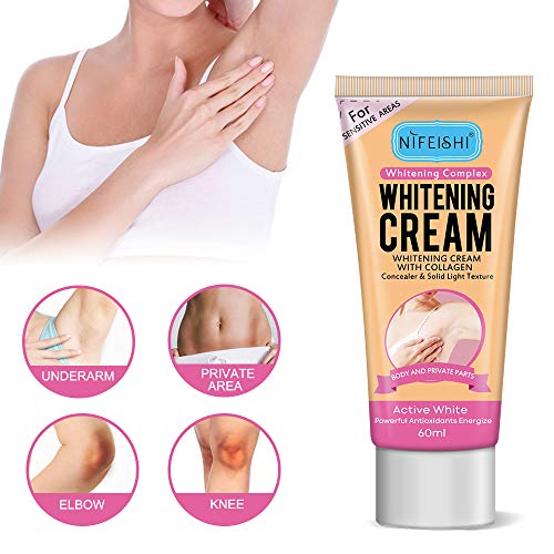 Crema Blanqueadora, Whitening Cream, Crema Blanqueadora Cuerpo para Piel Oscura, Cuello, Zonas sensibles, Codos, Muslos Interiores, Rodillas y Axilas, Crema para el Cuidado de la Piel, 60ML