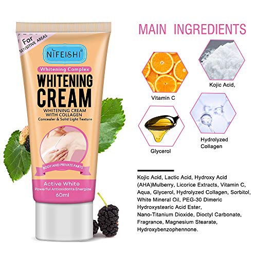 Crema Blanqueadora, Whitening Cream, Crema Blanqueadora Cuerpo para Piel Oscura, Cuello, Zonas sensibles, Codos, Muslos Interiores, Rodillas y Axilas, Crema para el Cuidado de la Piel, 60ML