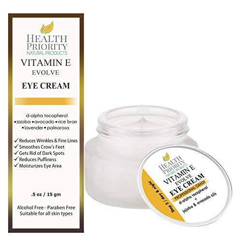 Crema para los ojos con vitamina E natural para el tratamiento de las ojeras. Reduce las bolsas hinchadas, elimina las arrugas y las líneas finas y suaviza las patas de gallo.