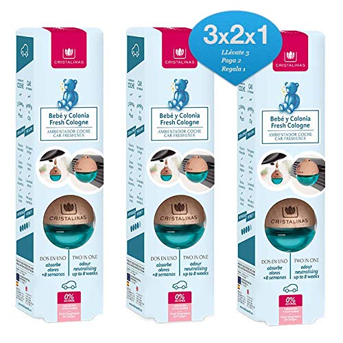 CRISTALINAS 3x2 ambientador Esfera Coche. Aroma Bebe Y Colonia. Mas de Dos Meses de duracion. sin Alcohol.