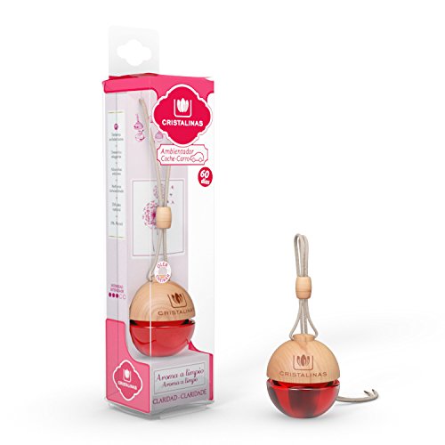 CRISTALINAS Ambientador y Absorbe OLOR esférico para coche. Aroma a LIMPIO. Mas de 2 meses de duración. 0% Alcohol. Doble sujeción: PINZA + COLGANTE